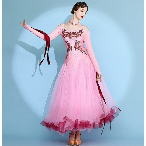 White light pink competition ballroom dance dress for women girls gemstones foxtrot smooth tango dance long dress for female